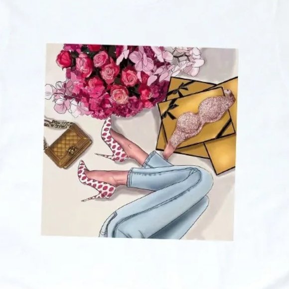 2/$50 Trendy Graphic Tee with Heels & Roses Print Casual White Trendy T-Shirt - Picture 4 of 6